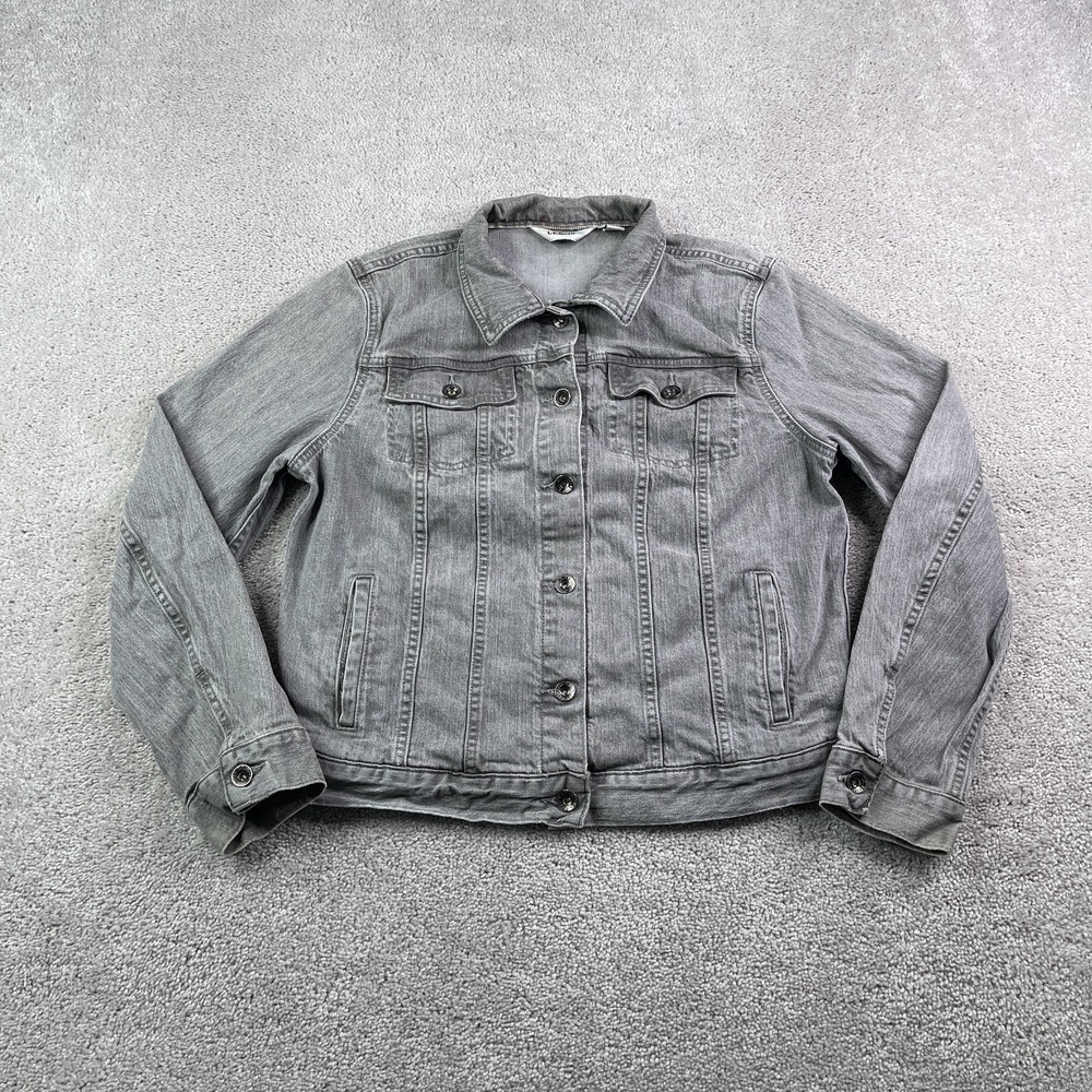 LL Bean Jacket Womens Medium Grey Trucker Biker Button Front Stretch Denim‎